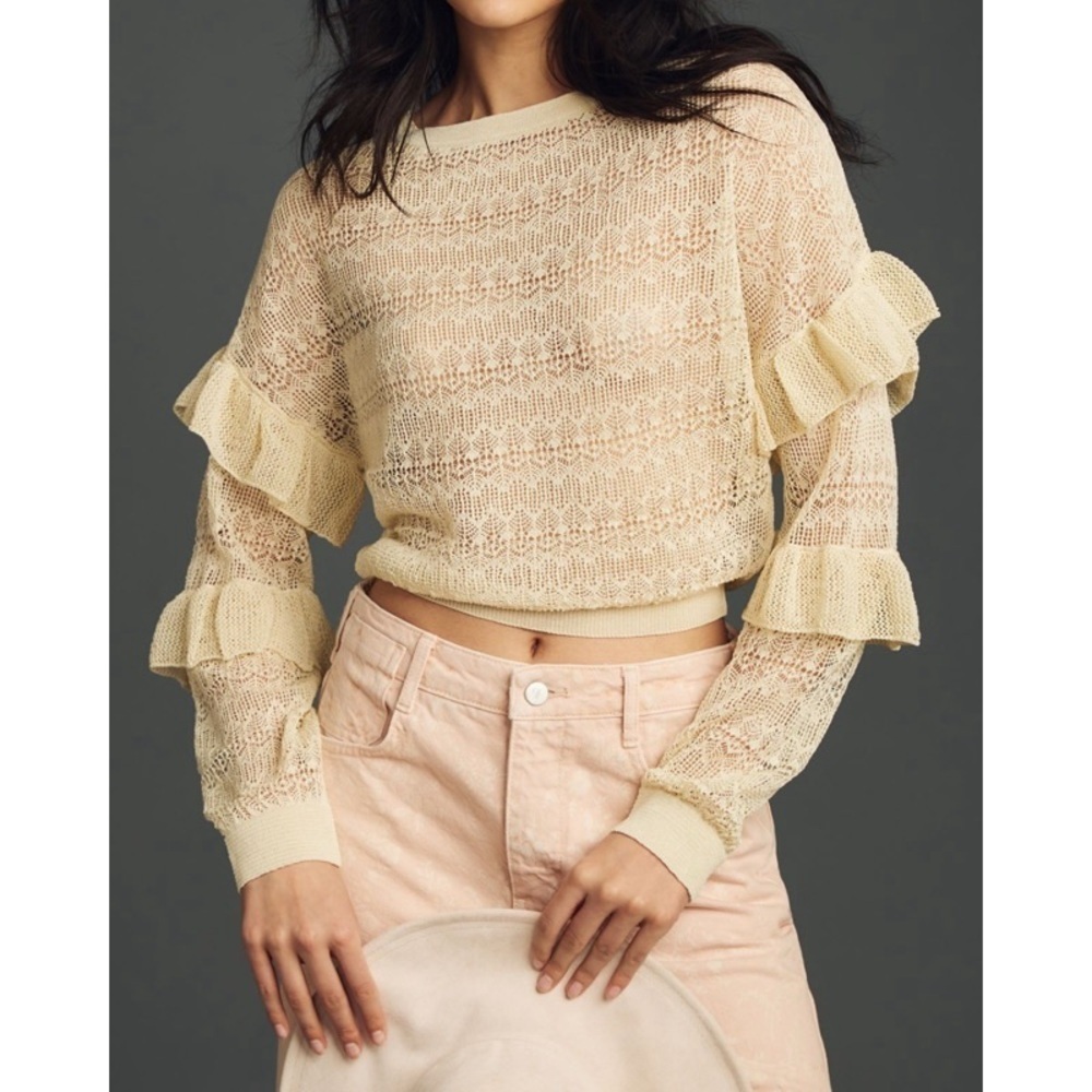 NEW ANTHROPOLOGIE Sheer Open-Stitch Ruffle Pullover Sweater